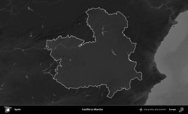 Castilla-La Mancha. İspanya 'nın idari alanı belirtilmiş ve koyu gri tonlu yükseklik haritasına göre özetlenmiştir
