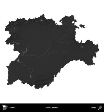 Castilla y Leon. İspanya 'nın idari bölgesi gri ölçekli yükseklik haritasında beyaza izole edildi