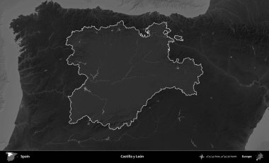 Castilla y Leon. İspanya 'nın idari alanı belirtilmiş ve koyu gri tonlu yükseklik haritasına göre özetlenmiştir