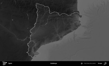 Katalunya. İspanya 'nın idari alanı belirtilmiş ve koyu gri tonlu yükseklik haritasına göre özetlenmiştir