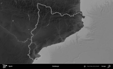 Katalunya. İspanya 'nın idari bölgesi gri ölçekli yükseklik haritasında belirtilmiştir