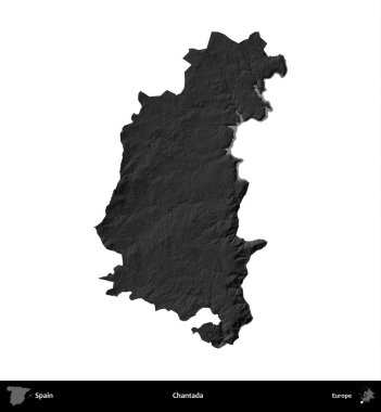 Chantada. İspanya 'nın idari bölgesi gri ölçekli yükseklik haritasında beyaza izole edildi