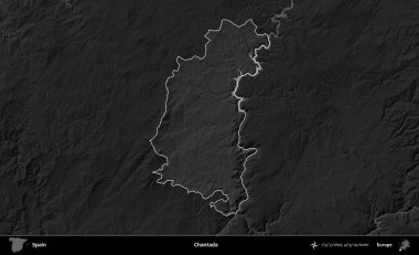Chantada. İspanya 'nın idari alanı belirtilmiş ve koyu gri tonlu yükseklik haritasına göre özetlenmiştir