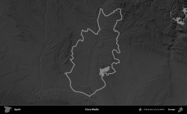 Cinca Medio. İspanya 'nın idari bölgesi gri ölçekli yükseklik haritasında belirtilmiştir