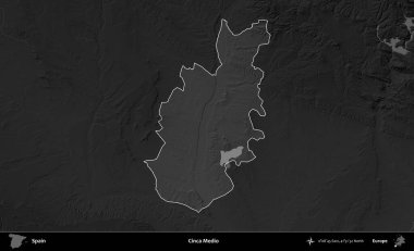 Cinca Medio. İspanya 'nın idari alanı belirtilmiş ve koyu gri tonlu yükseklik haritasına göre özetlenmiştir