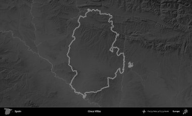 Cinco Villası. İspanya 'nın idari bölgesi gri ölçekli yükseklik haritasında belirtilmiştir