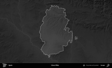 Cinco Villası. İspanya 'nın idari alanı belirtilmiş ve koyu gri tonlu yükseklik haritasına göre özetlenmiştir