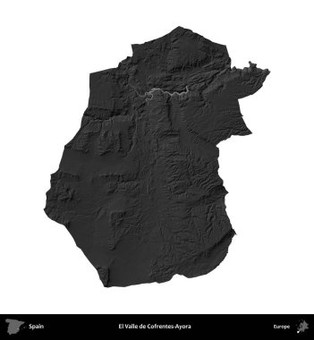 El Valle de Cofrentes-Ayora. İspanya 'nın idari bölgesi gri ölçekli yükseklik haritasında beyaza izole edildi