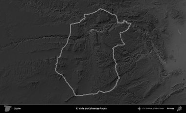 El Valle de Cofrentes-Ayora. İspanya 'nın idari bölgesi gri ölçekli yükseklik haritasında belirtilmiştir