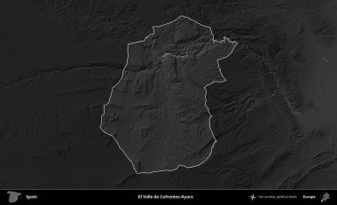 El Valle de Cofrentes-Ayora. İspanya 'nın idari alanı belirtilmiş ve koyu gri tonlu yükseklik haritasına göre özetlenmiştir