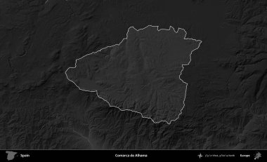 Comarca de Alhama. İspanya 'nın idari alanı belirtilmiş ve koyu gri tonlu yükseklik haritasına göre özetlenmiştir