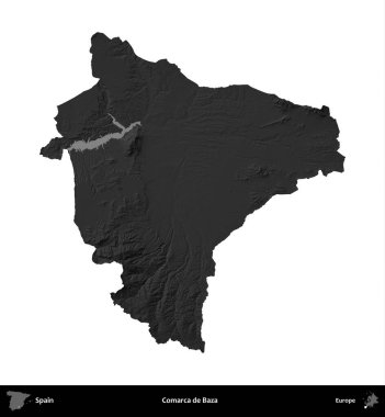 Comarca de Baza. İspanya 'nın idari bölgesi gri ölçekli yükseklik haritasında beyaza izole edildi