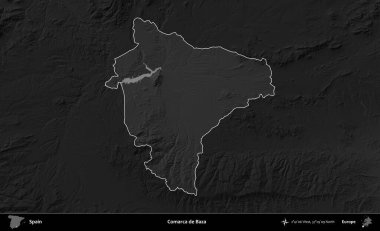 Comarca de Baza. İspanya 'nın idari alanı belirtilmiş ve koyu gri tonlu yükseklik haritasına göre özetlenmiştir
