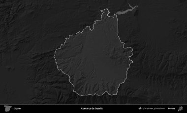 Comarca de Guadix. İspanya 'nın idari alanı belirtilmiş ve koyu gri tonlu yükseklik haritasına göre özetlenmiştir
