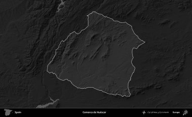 Comarca de Huescar. İspanya 'nın idari alanı belirtilmiş ve koyu gri tonlu yükseklik haritasına göre özetlenmiştir