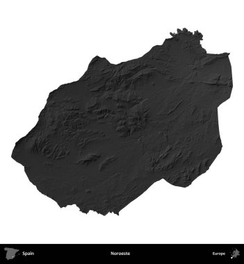 Noroeste. İspanya 'nın idari bölgesi gri ölçekli yükseklik haritasında beyaza izole edildi