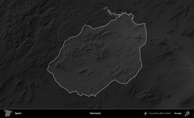 Noroeste. İspanya 'nın idari alanı belirtilmiş ve koyu gri tonlu yükseklik haritasına göre özetlenmiştir