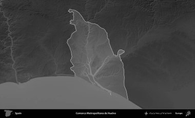 Comarca Metropolitana de Huelva. İspanya 'nın idari alanı belirtilmiş ve koyu gri tonlu yükseklik haritasına göre özetlenmiştir