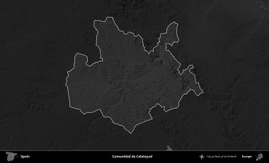 Calatayud yoldaşı. İspanya 'nın idari alanı belirtilmiş ve koyu gri tonlu yükseklik haritasına göre özetlenmiştir