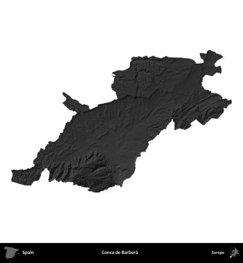 Conca de Barbera 'da. İspanya 'nın idari bölgesi gri ölçekli yükseklik haritasında beyaza izole edildi