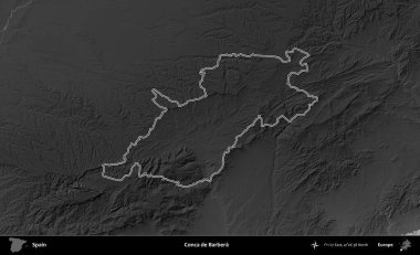 Conca de Barbera 'da. İspanya 'nın idari bölgesi gri ölçekli yükseklik haritasında belirtilmiştir