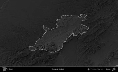 Conca de Barbera 'da. İspanya 'nın idari alanı belirtilmiş ve koyu gri tonlu yükseklik haritasına göre özetlenmiştir