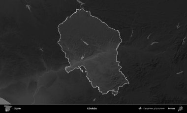 Cordoba. İspanya 'nın idari alanı belirtilmiş ve koyu gri tonlu yükseklik haritasına göre özetlenmiştir