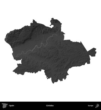 Cordoba. İspanya 'nın idari bölgesi gri ölçekli yükseklik haritasında beyaza izole edildi