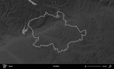 Cordoba. İspanya 'nın idari bölgesi gri ölçekli yükseklik haritasında belirtilmiştir
