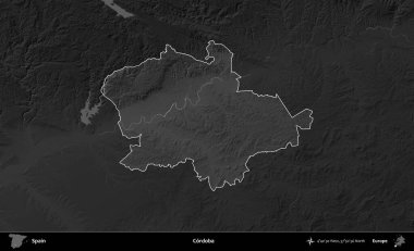 Cordoba. İspanya 'nın idari alanı belirtilmiş ve koyu gri tonlu yükseklik haritasına göre özetlenmiştir