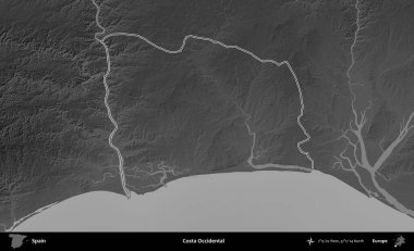 Costa Batı Yakası. İspanya 'nın idari bölgesi gri ölçekli yükseklik haritasında belirtilmiştir