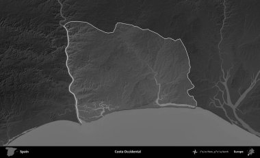 Costa Batı Yakası. İspanya 'nın idari alanı belirtilmiş ve koyu gri tonlu yükseklik haritasına göre özetlenmiştir