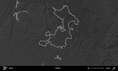 Cuenca. İspanya 'nın idari bölgesi gri ölçekli yükseklik haritasında belirtilmiştir