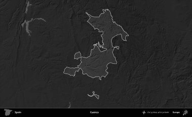 Cuenca. İspanya 'nın idari alanı belirtilmiş ve koyu gri tonlu yükseklik haritasına göre özetlenmiştir