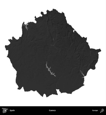 Cuenca. İspanya 'nın idari bölgesi gri ölçekli yükseklik haritasında beyaza izole edildi