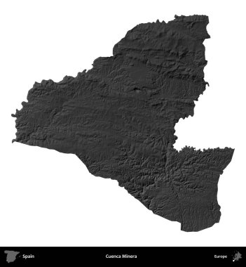Cuenca Minera. İspanya 'nın idari bölgesi gri ölçekli yükseklik haritasında beyaza izole edildi