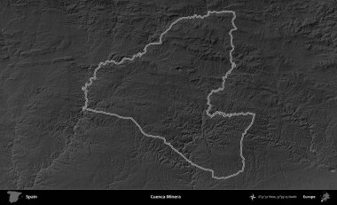 Cuenca Minera. İspanya 'nın idari bölgesi gri ölçekli yükseklik haritasında belirtilmiştir