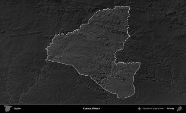 Cuenca Minera. İspanya 'nın idari alanı belirtilmiş ve koyu gri tonlu yükseklik haritasına göre özetlenmiştir