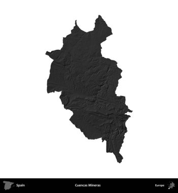 Cuencas Mineras. İspanya 'nın idari bölgesi gri ölçekli yükseklik haritasında beyaza izole edildi