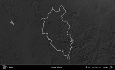Cuencas Mineras. İspanya 'nın idari bölgesi gri ölçekli yükseklik haritasında belirtilmiştir