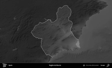 Murcia bölgesi. İspanya 'nın idari alanı belirtilmiş ve koyu gri tonlu yükseklik haritasına göre özetlenmiştir