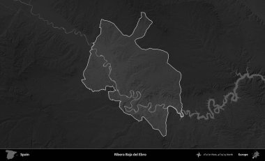 Ribera Baja del Ebro. İspanya 'nın idari alanı belirtilmiş ve koyu gri tonlu yükseklik haritasına göre özetlenmiştir