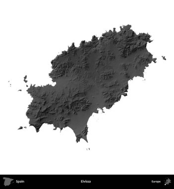 Eivissa. İspanya 'nın idari bölgesi gri ölçekli yükseklik haritasında beyaza izole edildi