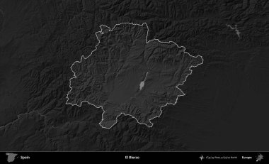 El Bierzo 'da. İspanya 'nın idari alanı belirtilmiş ve koyu gri tonlu yükseklik haritasına göre özetlenmiştir