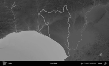El Condado 'da. İspanya 'nın idari bölgesi gri ölçekli yükseklik haritasında belirtilmiştir