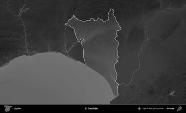 El Condado 'da. İspanya 'nın idari alanı belirtilmiş ve koyu gri tonlu yükseklik haritasına göre özetlenmiştir