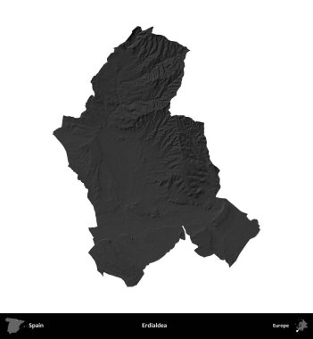 Erdialdea. İspanya 'nın idari bölgesi gri ölçekli yükseklik haritasında beyaza izole edildi