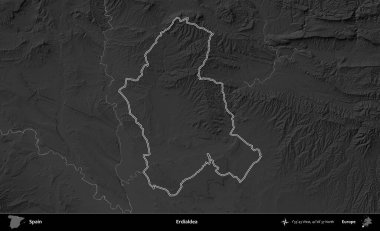 Erdialdea. İspanya 'nın idari bölgesi gri ölçekli yükseklik haritasında belirtilmiştir