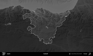 Euskadi. İspanya 'nın idari alanı belirtilmiş ve koyu gri tonlu yükseklik haritasına göre özetlenmiştir