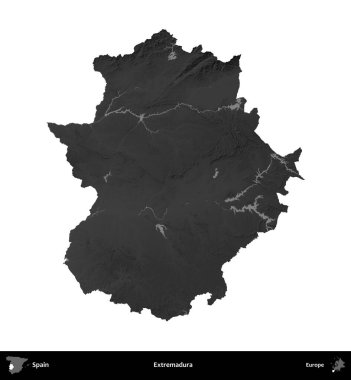 Extremadura. İspanya 'nın idari bölgesi gri ölçekli yükseklik haritasında beyaza izole edildi